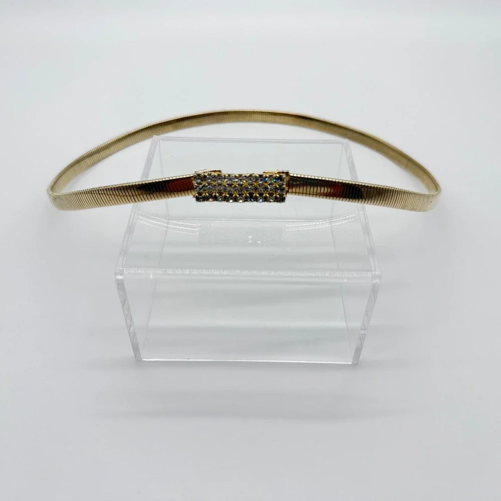 Vintage Gold Tone Snake Chain Stretch Belt Rhinestone Buckle Skinny Waist Belt